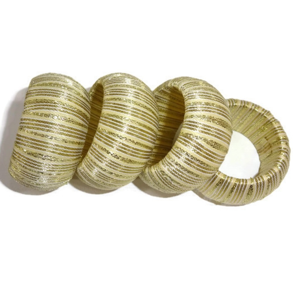 Napkin Rings Gold White Wrapped Ribbon Round - Picture 6 of 6